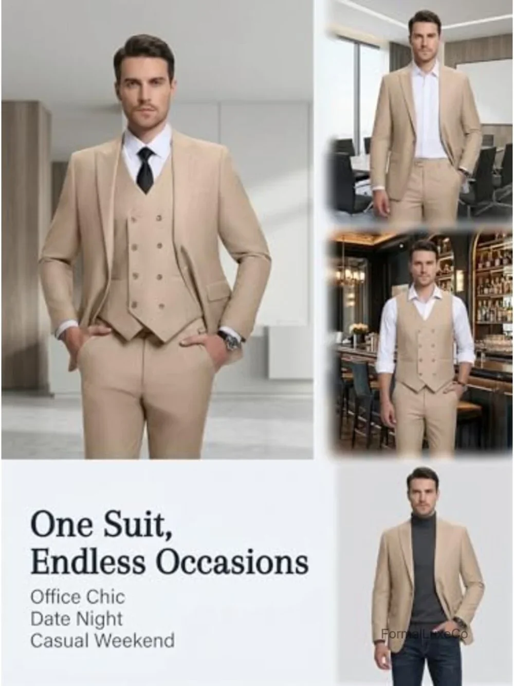 Men's 3 Piece Double Breasted Slim Fit Suit Wedding Tuxedo Groomsmen Prom Formal